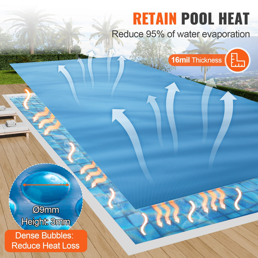 VEVOR Solar Pool Cover, 32 x 16 ft Rectangle Solar Blanket for Pools, Inground Above Ground Swimming Pool Solar Cover, 16 mil Solar Covers Blue