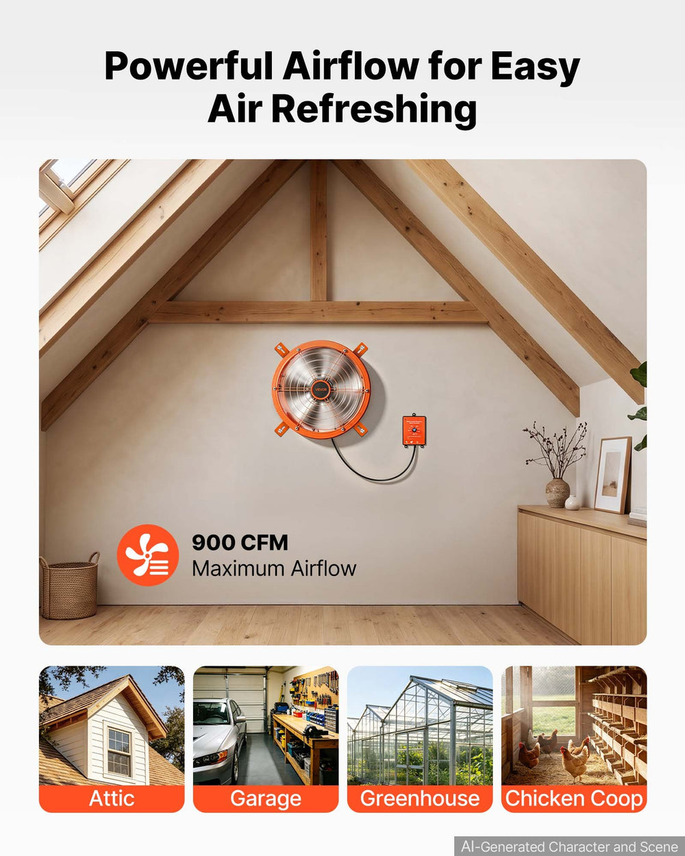 VEVOR Gable Mount Fan, 30.5 cm Solar Attic Vent Exhaust Fan Carbon Steel, 900 CFM Cooling and Ventilation for Roof, Greenhouse, Garage, Shop, Small Spaces, with Thermostat and Power Adapter, Orange