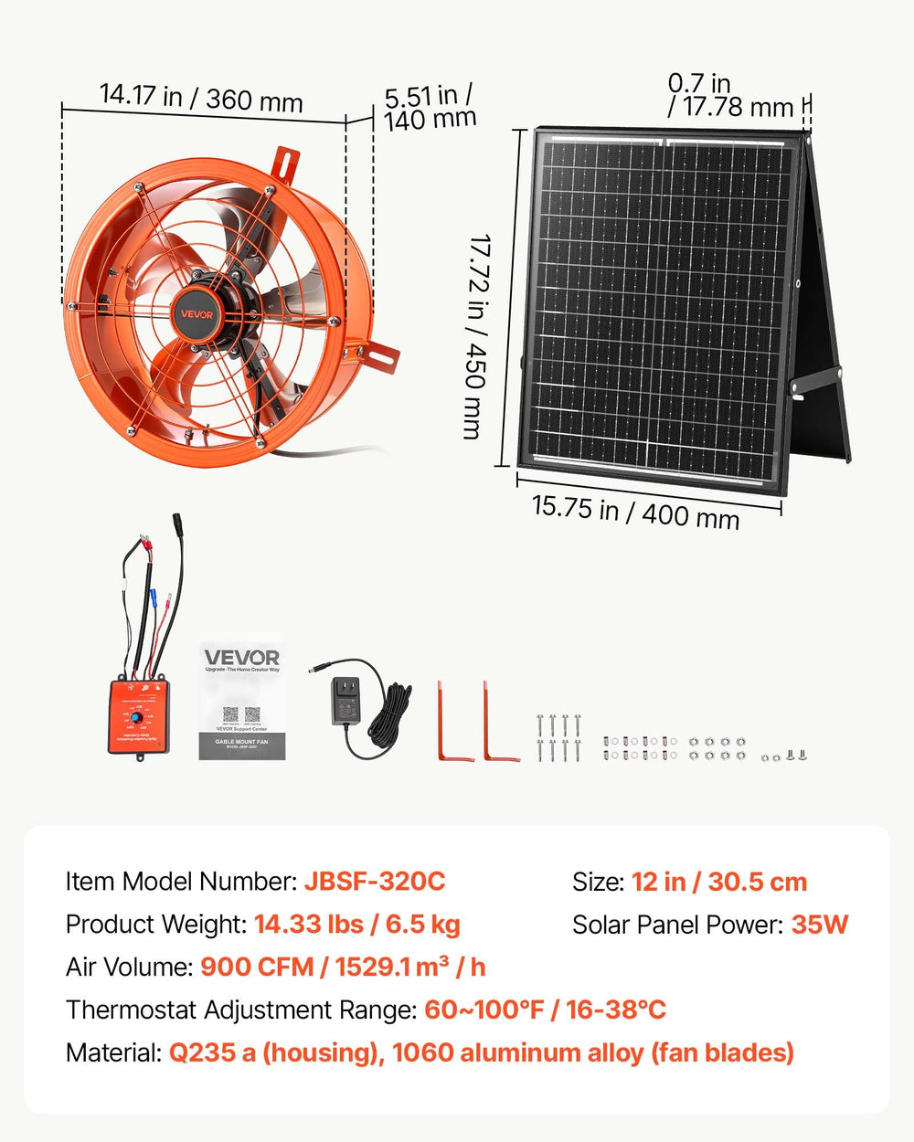 VEVOR Gable Mount Fan, 30.5 cm Solar Attic Vent Exhaust Fan Carbon Steel, 900 CFM Cooling and Ventilation for Roof, Greenhouse, Garage, Shop, Small Spaces, with Thermostat and Power Adapter, Orange