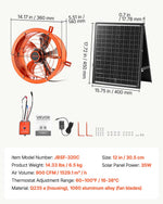 VEVOR Gable Mount Fan, 30.5 cm Solar Attic Vent Exhaust Fan Carbon Steel, 900 CFM Cooling and Ventilation for Roof, Greenhouse, Garage, Shop, Small Spaces, with Thermostat and Power Adapter, Orange
