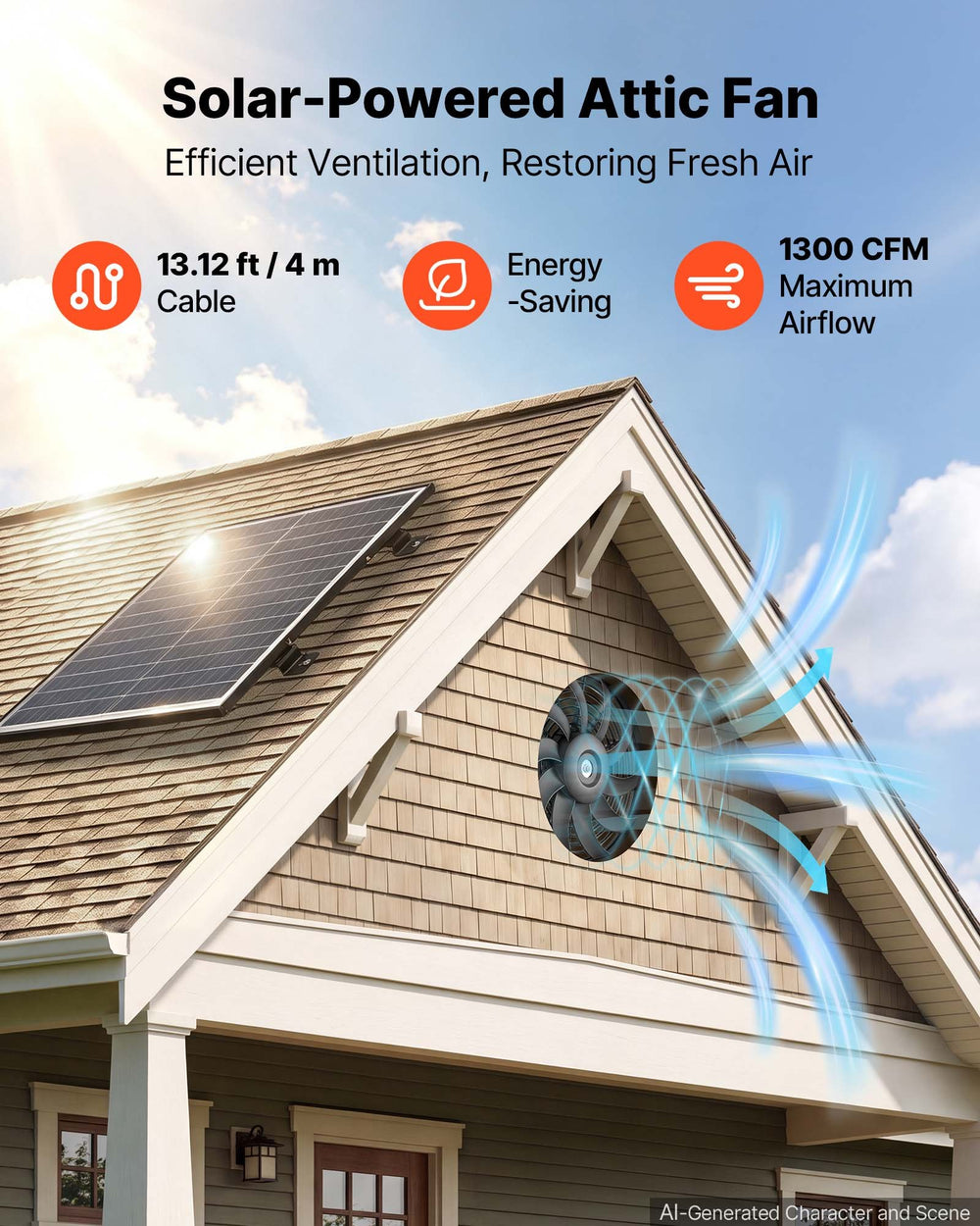 VEVOR Gable Mount Fan, 30.5 cm Solar-Powered Attic Vent Exhaust Fan Black, 1300 CFM Cooling & Ventilation for Roof, Greenhouse, Garage, Shop, with Thermostat & Mounting Brackets, Lightweight PP