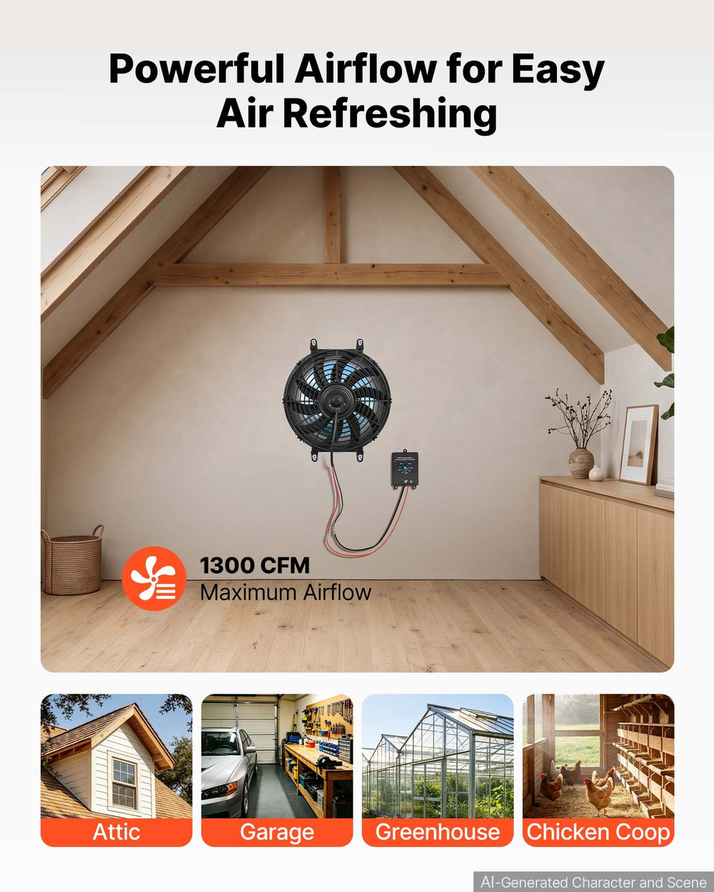 VEVOR Gable Mount Fan, 30.5 cm Solar-Powered Attic Vent Exhaust Fan Black, 1300 CFM Cooling & Ventilation for Roof, Greenhouse, Garage, Shop, with Thermostat & Mounting Brackets, Lightweight PP