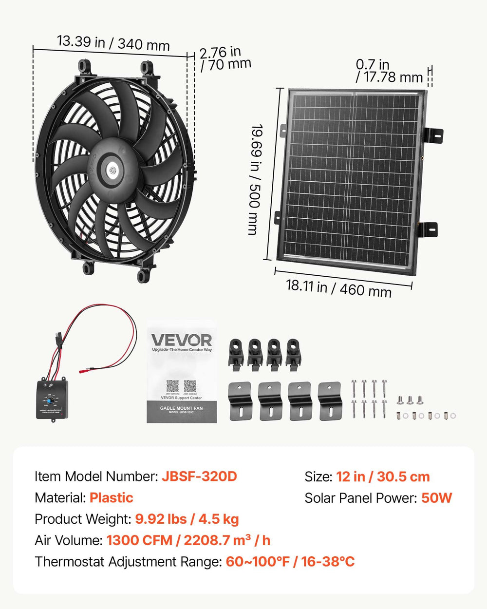 VEVOR Gable Mount Fan, 30.5 cm Solar-Powered Attic Vent Exhaust Fan Black, 1300 CFM Cooling & Ventilation for Roof, Greenhouse, Garage, Shop, with Thermostat & Mounting Brackets, Lightweight PP