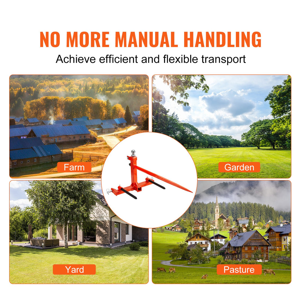 VEVOR 49" Hay Spear, Bale Spears 1600lbs Loading Capacity, Three-Point Hitch Tractor Attachment with 2pcs 17.5" Stabilizer Spears, Quick Attach Spike Forks