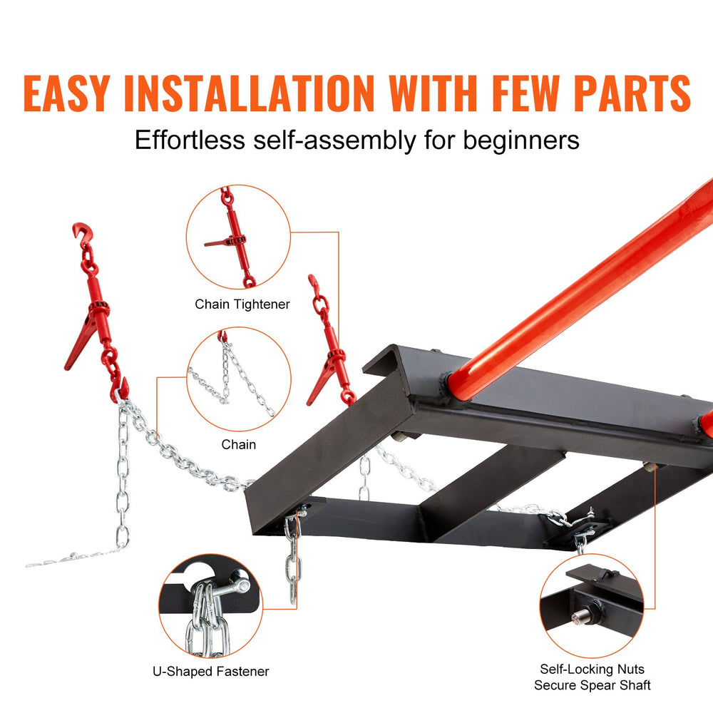 VEVOR 49" Hay Spear, Bale Spears 3000lbs Loading Capacity, Skid Steer Loader Tractor Bucket Attachment with 2pcs 17.5" Stabilizer Spears and 60" Chain, Quick Attach Spike Forks