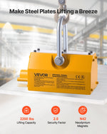 VEVOR Permanent Magnetic Lifter, 1000 kg Pulling Capacity, Heavy Duty N42 Neodymium Lifting Magnet with Release Handle and Steel Hook, Used in Shop Crane and Hoist, for Lifting Plate Steel, Board