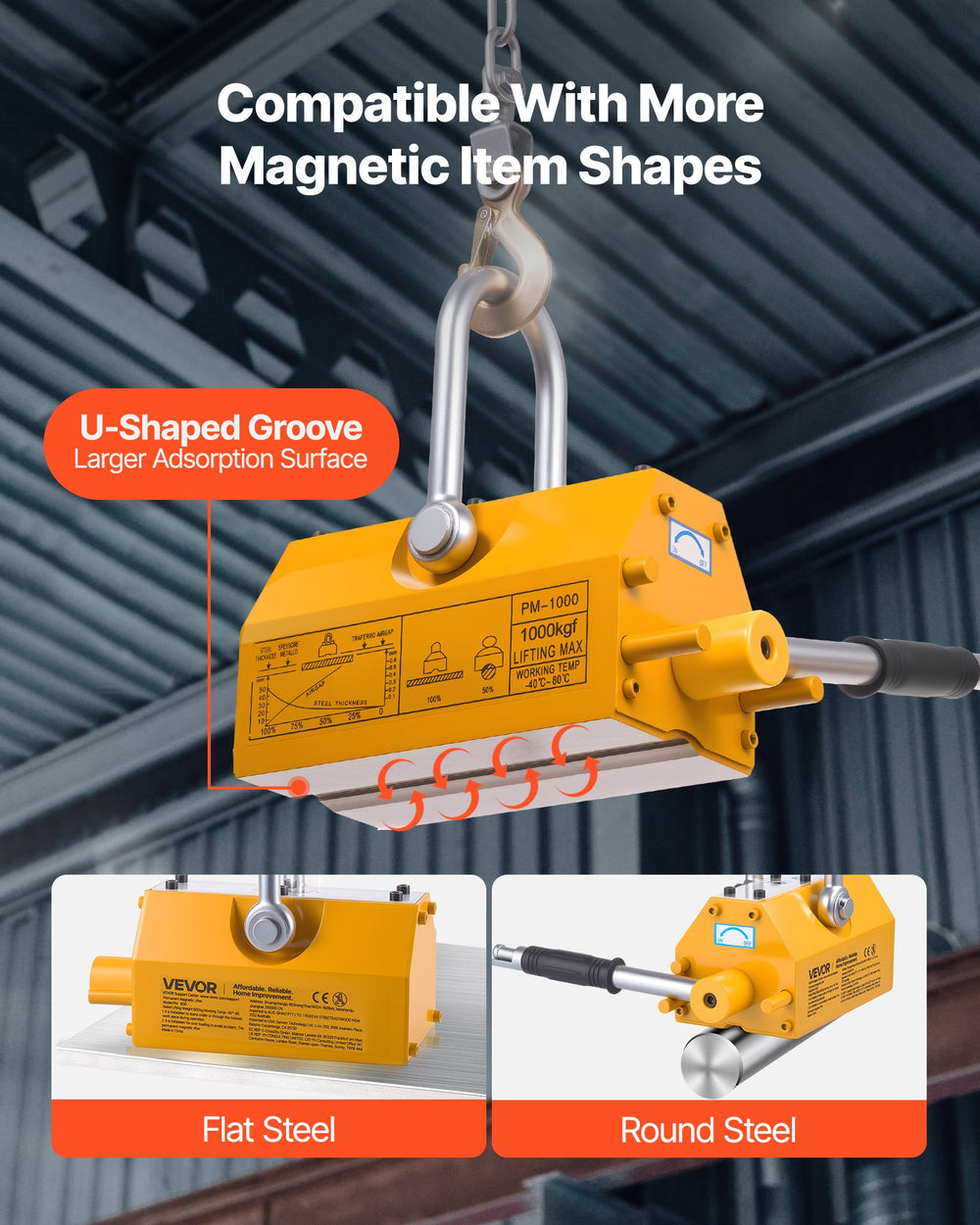 VEVOR Permanent Magnetic Lifter, 1000 kg Pulling Capacity, Heavy Duty N42 Neodymium Lifting Magnet with Release Handle and Steel Hook, Used in Shop Crane and Hoist, for Lifting Plate Steel, Board