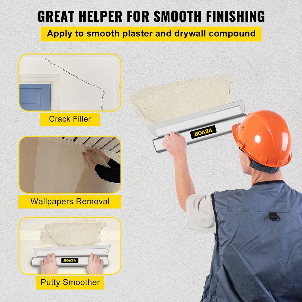 VEVOR Drywall Skimming Blade, 24inch Smoothing Knock-Down Knife, Stainless Steel Putty Knife Finishing Tool, High-Impact End Caps for Sheetrock Drywall Gyprock Wall-Board Plasterboard
