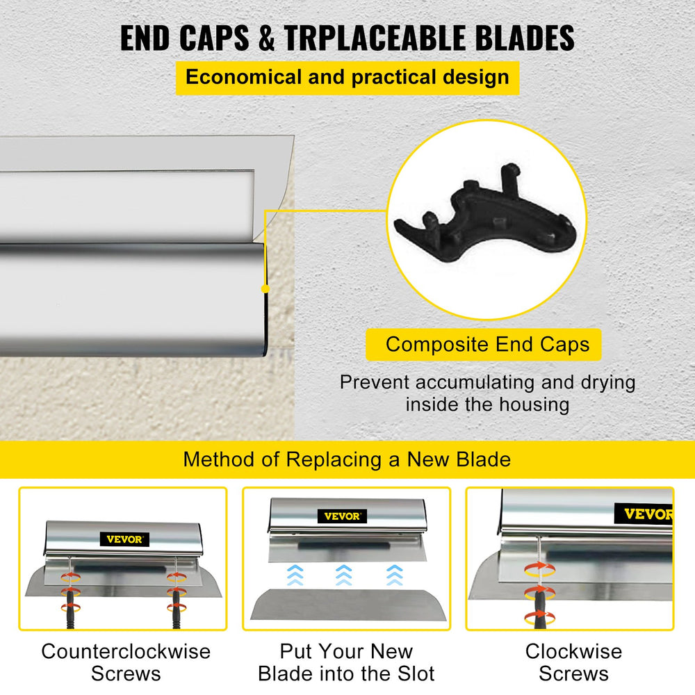 VEVOR Drywall Skimming Blade, 24inch Smoothing Knock-Down Knife, Stainless Steel Putty Knife Finishing Tool, High-Impact End Caps for Sheetrock Drywall Gyprock Wall-Board Plasterboard