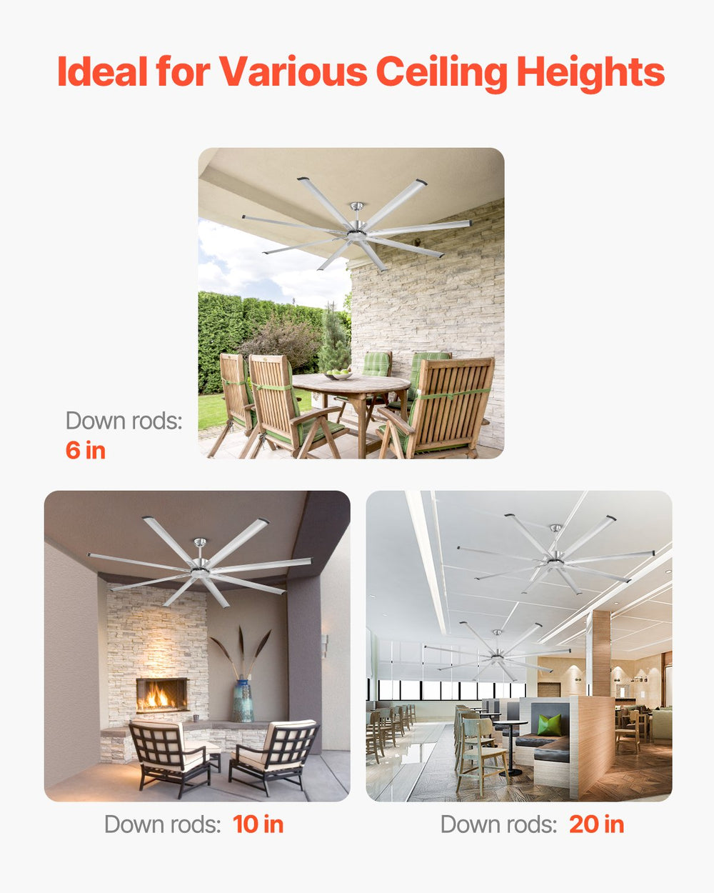 VEVOR 244 cm Ceiling Fan No Light, 6-Speed Remote Control, Aluminum 8-Blade, Reversible DC Motor, Modern Low Profile Flush Mount Fan for Bedroom, Living Room, Patio, Indoor/Outdoor, Brushed Nickel