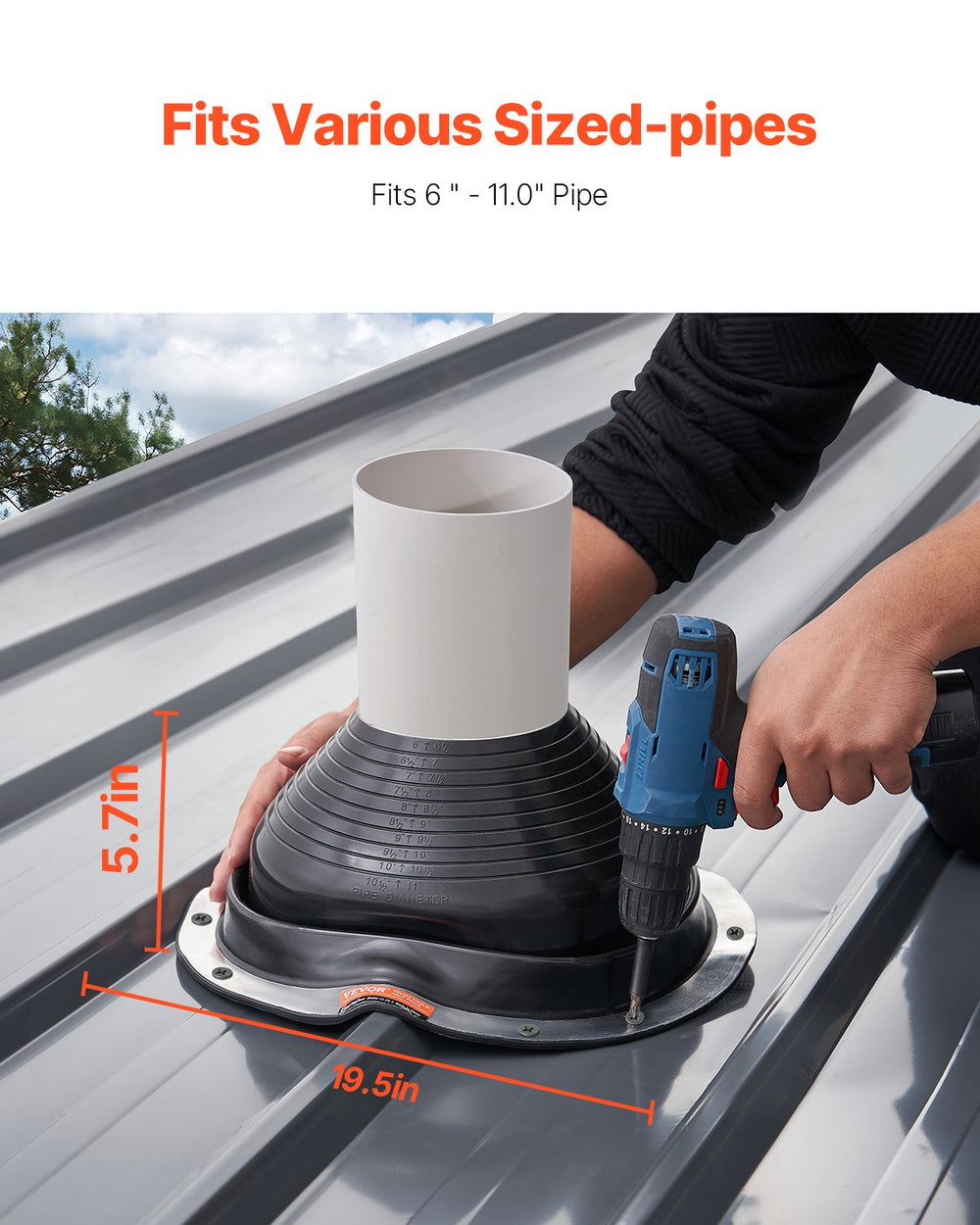 VEVOR 2 Pcs Roof Pipe Flashing Boots, Fit Pipe OD 6" to 11", Flexible EDPM Roofing Jack Pipe Flashing, High Temp -67℉ to 212℉, Endurable Round Metal Base, for Chimney, Wood Stove & Outdoor Vent Pipes