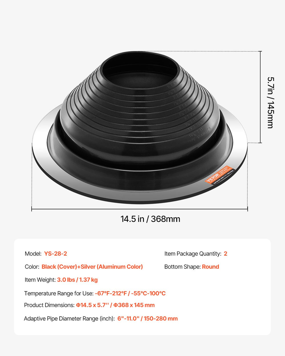 VEVOR 2 Pcs Roof Pipe Flashing Boots, Fit Pipe OD 6" to 11", Flexible EDPM Roofing Jack Pipe Flashing, High Temp -67℉ to 212℉, Endurable Round Metal Base, for Chimney, Wood Stove & Outdoor Vent Pipes