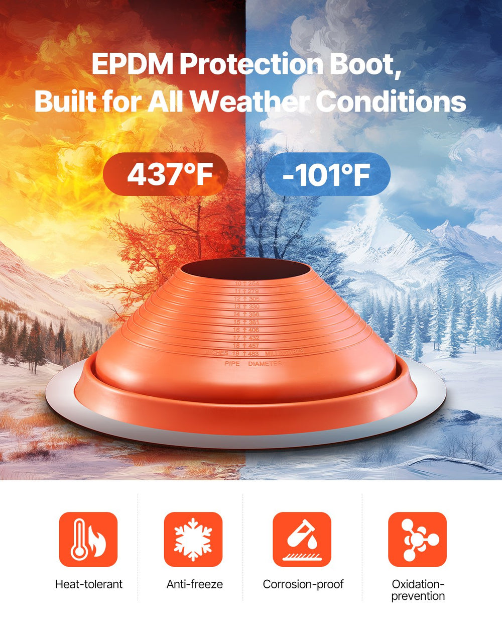 VEVOR Roof Pipe Flashing Boot, Fit Pipe OD 10" to 19", Flexible Silicone Roofing Jack Pipe Flashing, High Temp -101℉ to 437℉, Lasting Round Red Metal Base, for Chimney, Wood Stove & Outdoor Vent Pipe