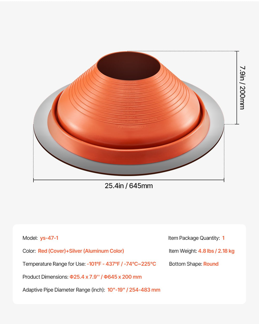 VEVOR Roof Pipe Flashing Boot, Fit Pipe OD 10" to 19", Flexible Silicone Roofing Jack Pipe Flashing, High Temp -101℉ to 437℉, Lasting Round Red Metal Base, for Chimney, Wood Stove & Outdoor Vent Pipe