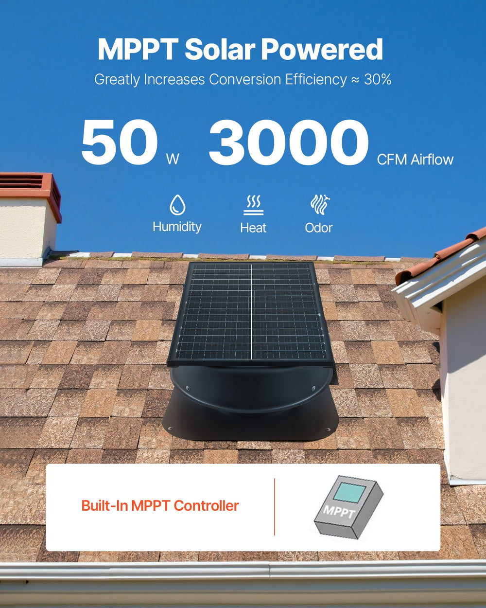 VEVOR Roof Attic Exhaust Fan, 50W Smart Solar Roof Ventilation Fan with Thermostat, Remote Control, 3000 CFM Airflow Built-in Smoke Sensor with Auto Stop for Cooling and Dehumidification