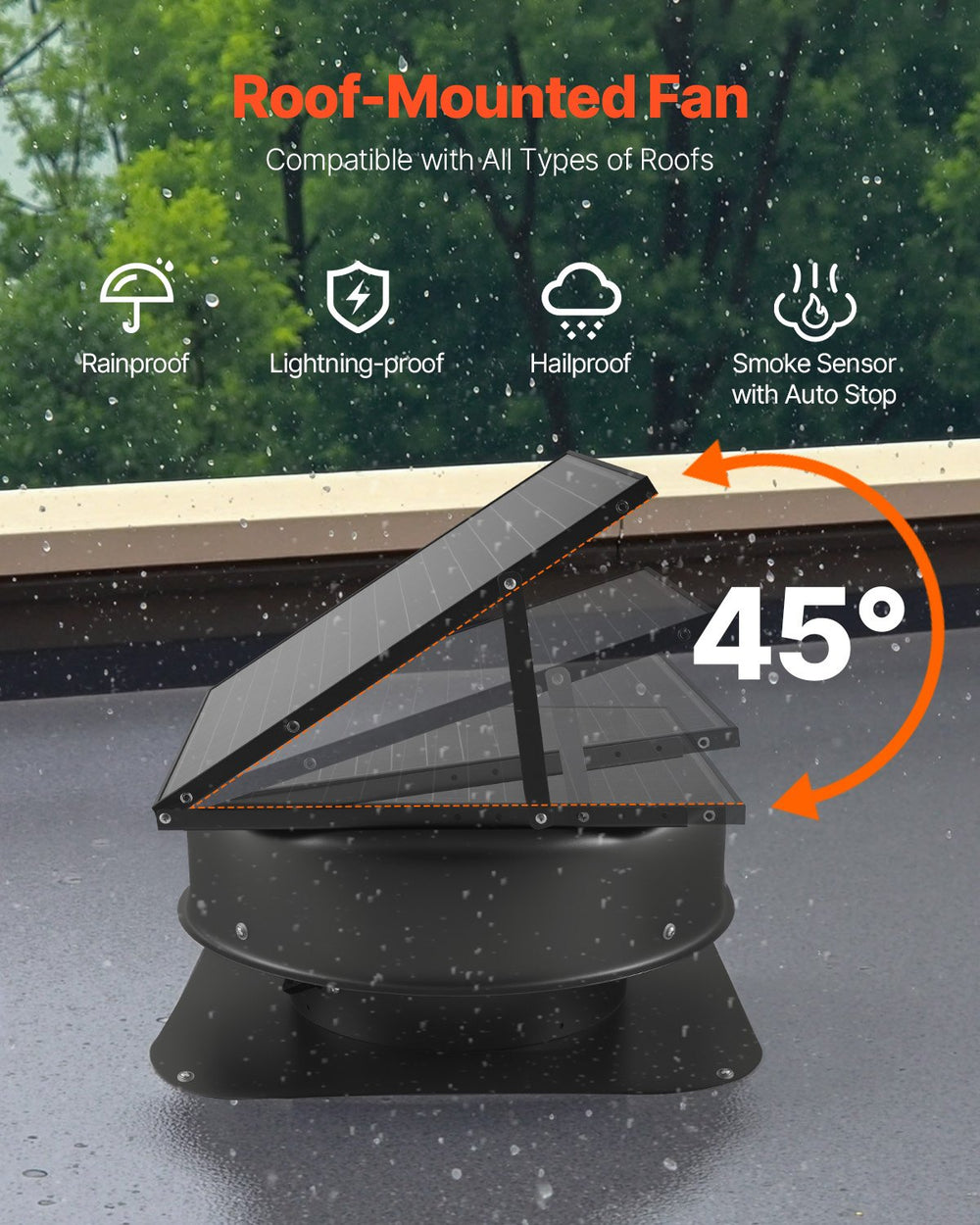 VEVOR Roof Attic Exhaust Fan, 50W Smart Solar Roof Ventilation Fan with Thermostat, Remote Control, 3000 CFM Airflow Built-in Smoke Sensor with Auto Stop for Cooling and Dehumidification