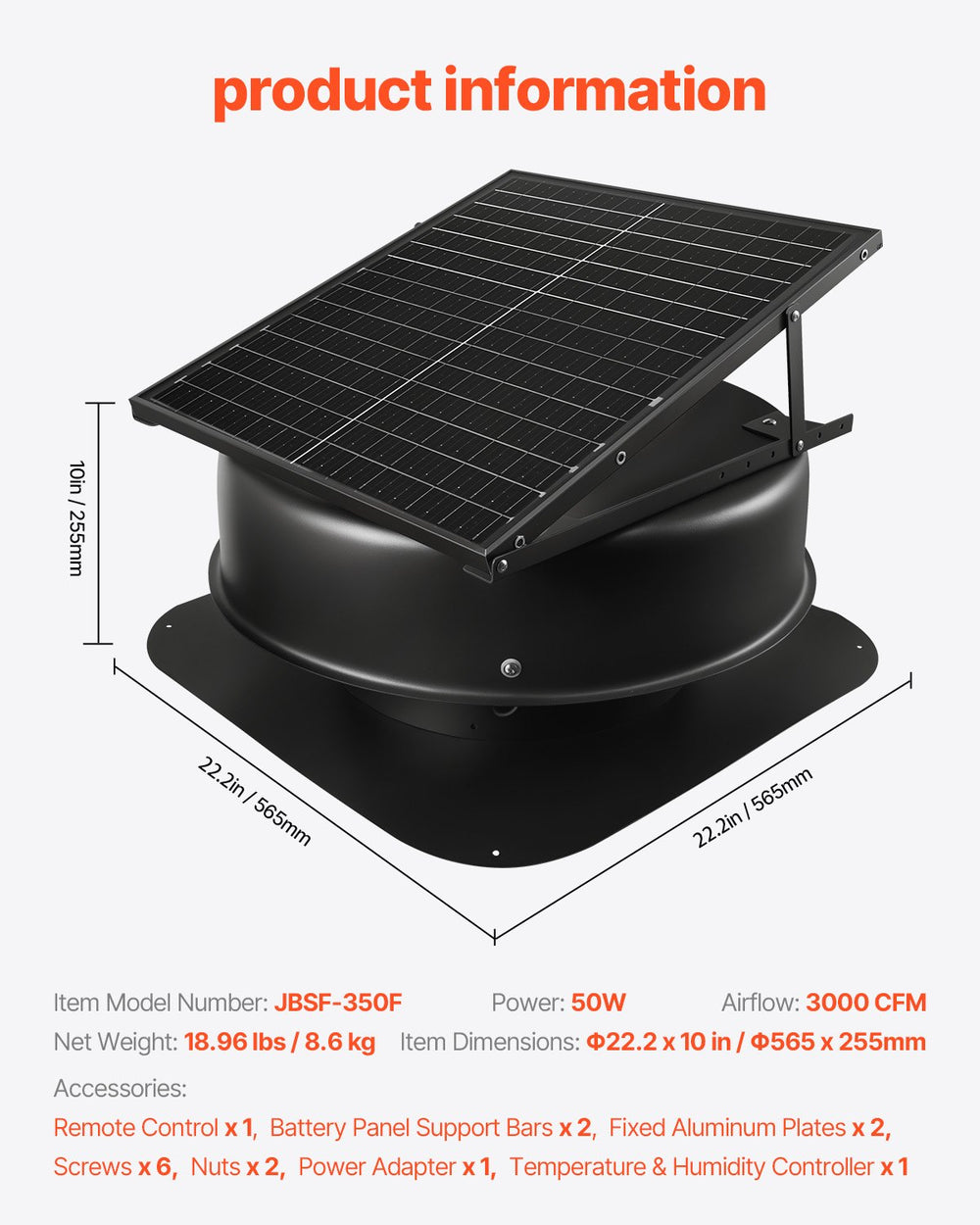 VEVOR Roof Attic Exhaust Fan, 50W Smart Solar Roof Ventilation Fan with Thermostat, Remote Control, 3000 CFM Airflow Built-in Smoke Sensor with Auto Stop for Cooling and Dehumidification