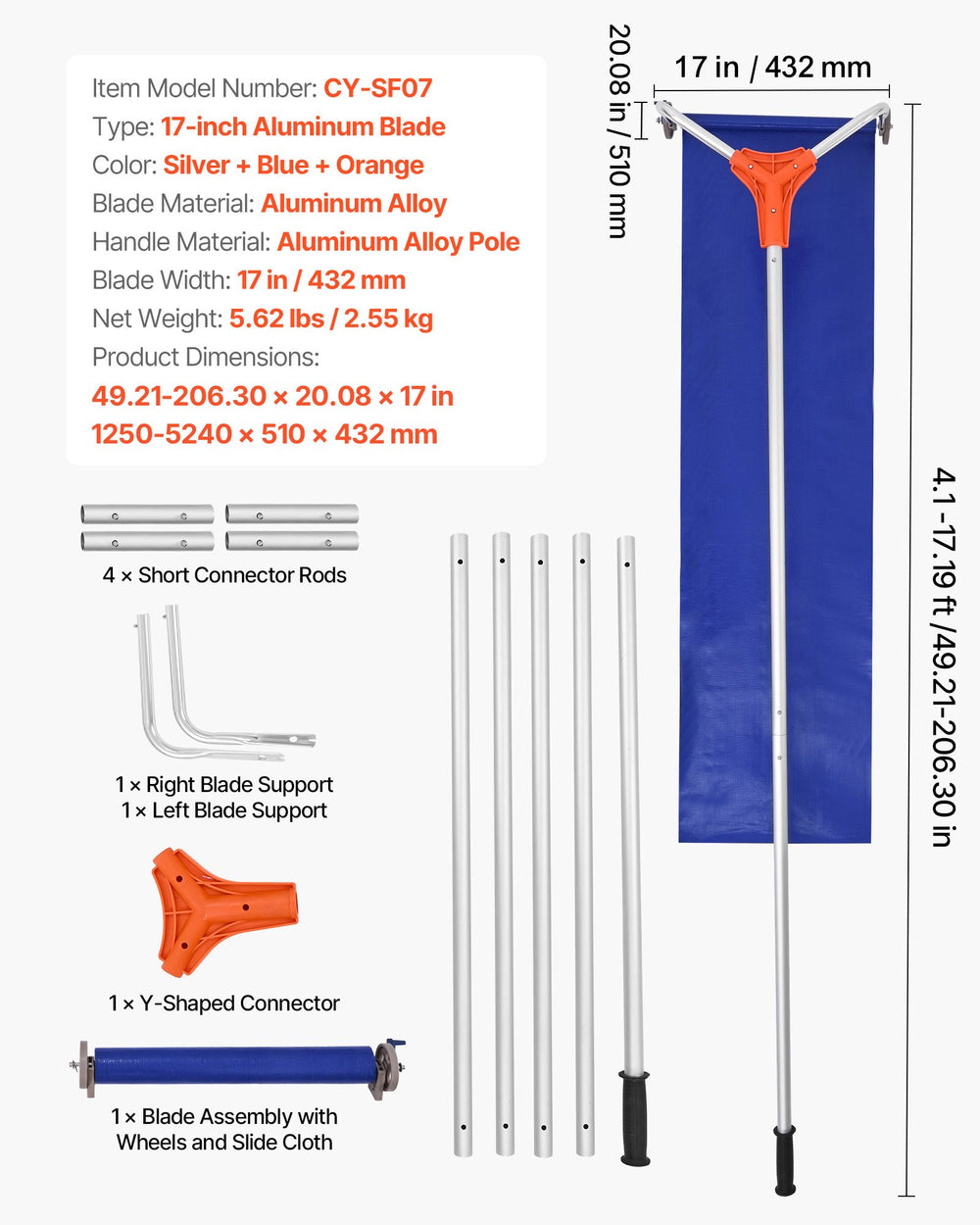 VEVOR Snow Roof Rake, 27cm Aluminum Blade, 1.25-5.24 m Adjustable Roof Snow Scraper with Wheels & Slide, Lightweight Snows Removal Tool for House Rooftop Leaves Debris Clearing