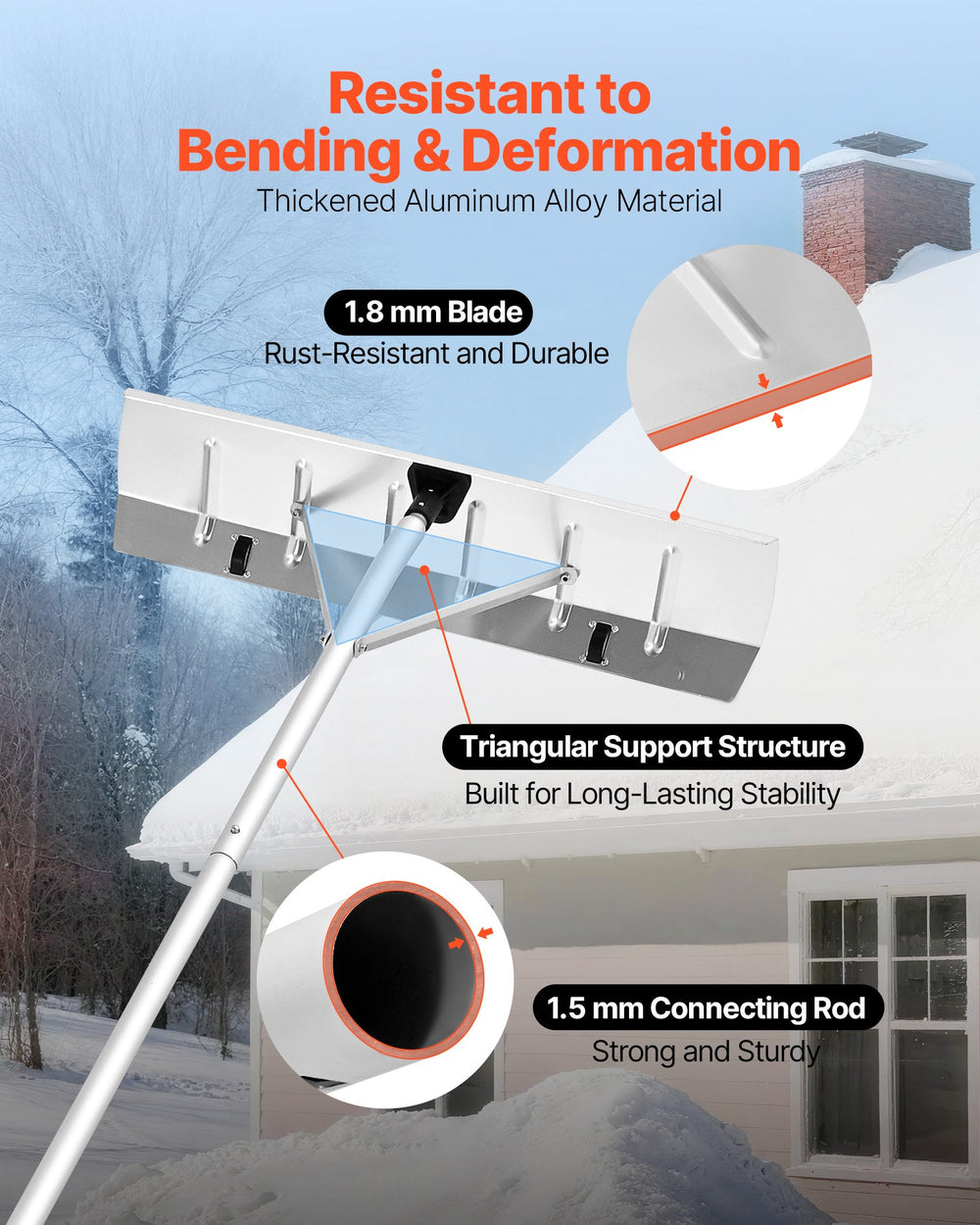 VEVOR Snow Roof Rake, 66 cm Aluminum Blade, 2.3-6 m Adjustable Roof Snow Scraper with Wheels, Anti-Slip Handle Snows Removal Tool, Lightweight House Rooftop Rake for Leaves Debris Removal