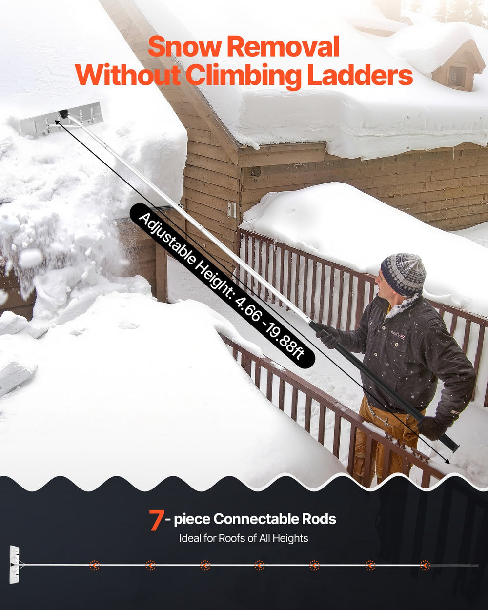 VEVOR Snow Roof Rake, 66 cm Aluminum Blade, 2.3-6 m Adjustable Roof Snow Scraper with Wheels, Anti-Slip Handle Snows Removal Tool, Lightweight House Rooftop Rake for Leaves Debris Removal