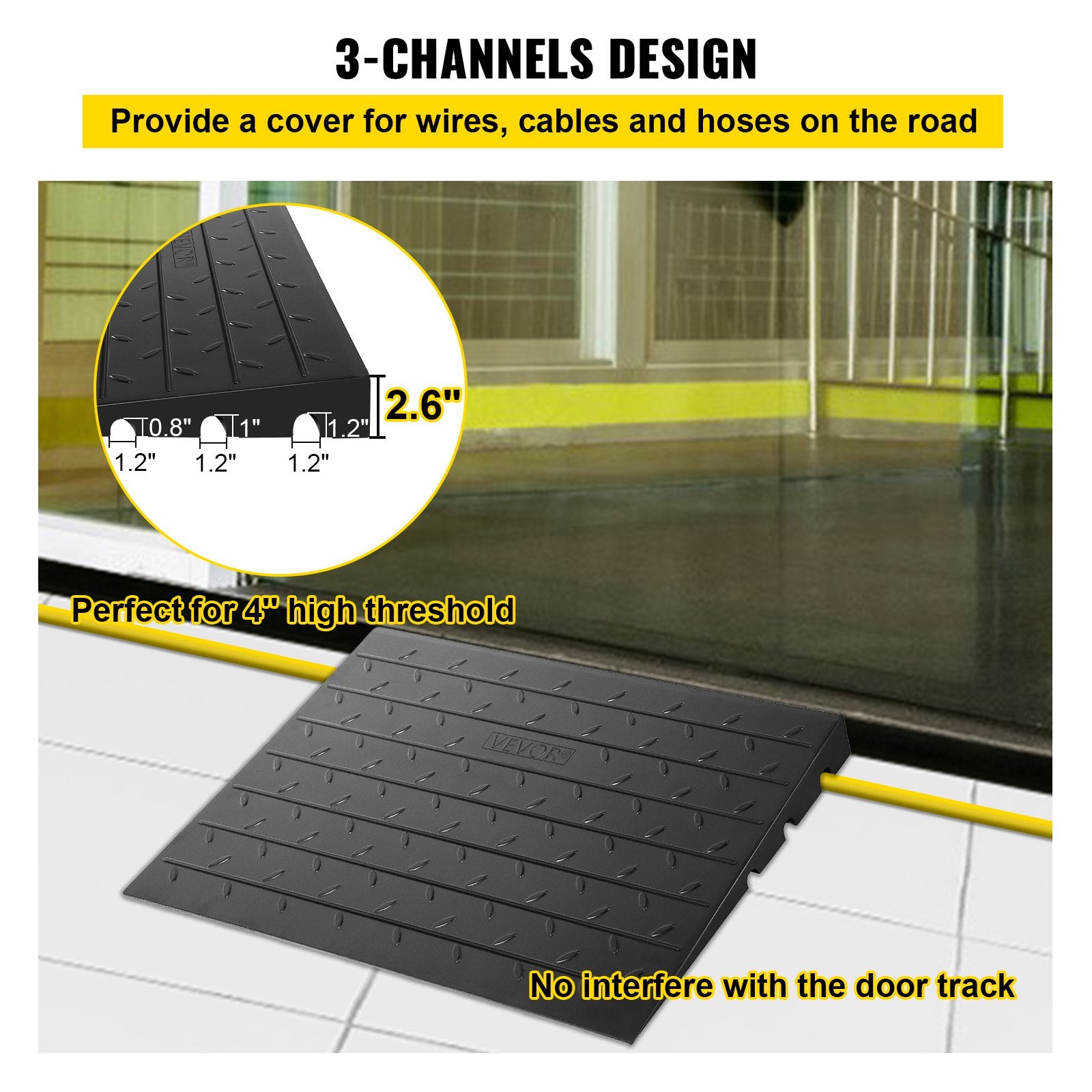 VEVOR Rubber Threshold Ramp, 6.5 cm Rise Threshold Ramp Doorway, 3 Channels Cord Cover Rubber Solid Threshold Ramp, Rubber Angled Entry Rated 1000 kg Load Capacity for Wheelchair and Scooter