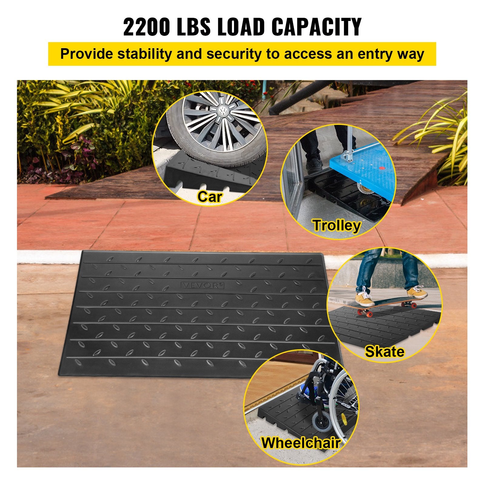 VEVOR Rubber Threshold Ramp, 6.5 cm Rise Threshold Ramp Doorway, 3 Channels Cord Cover Rubber Solid Threshold Ramp, Rubber Angled Entry Rated 1000 kg Load Capacity for Wheelchair and Scooter