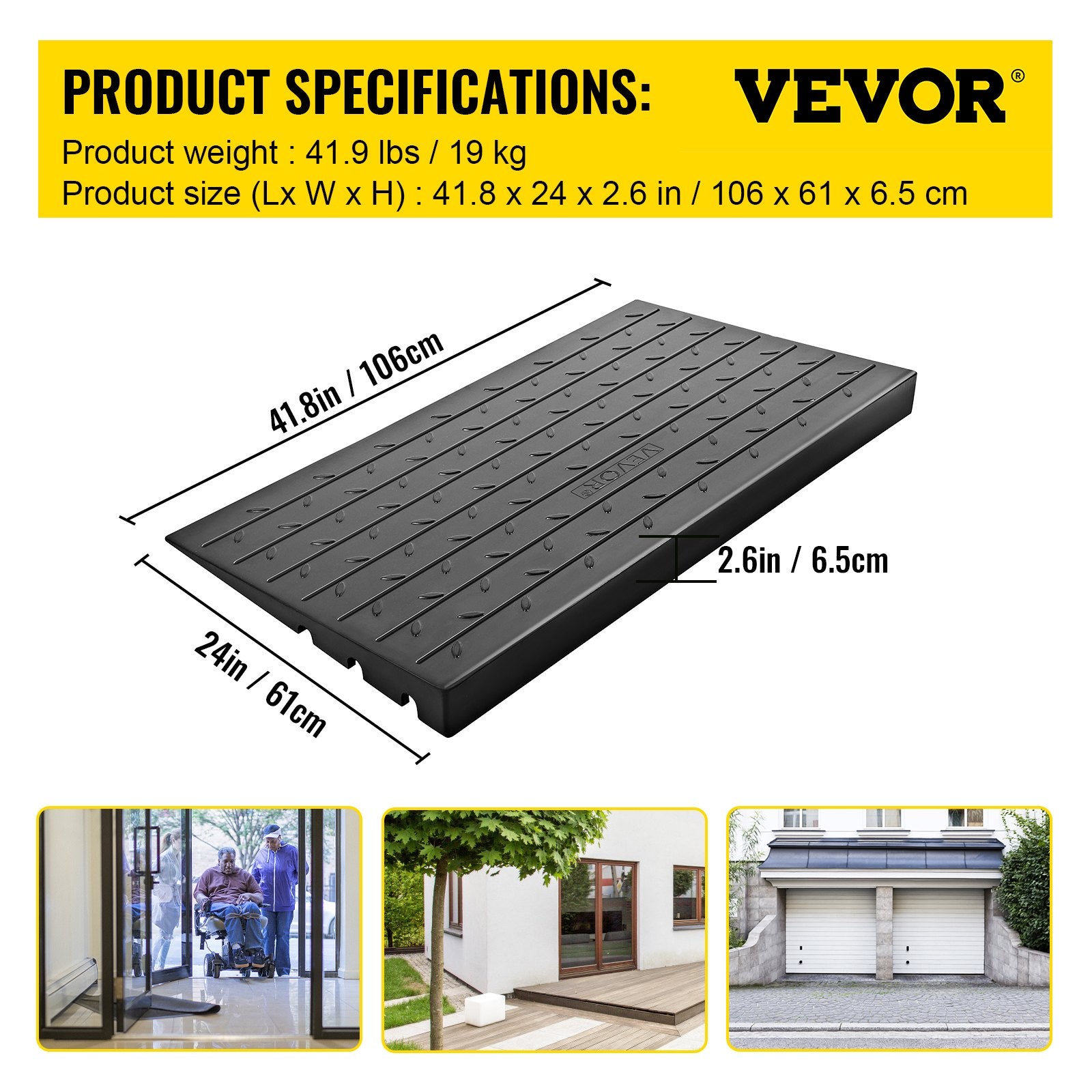 VEVOR Rubber Threshold Ramp, 6.5 cm Rise Threshold Ramp Doorway, 3 Channels Cord Cover Rubber Solid Threshold Ramp, Rubber Angled Entry Rated 1000 kg Load Capacity for Wheelchair and Scooter