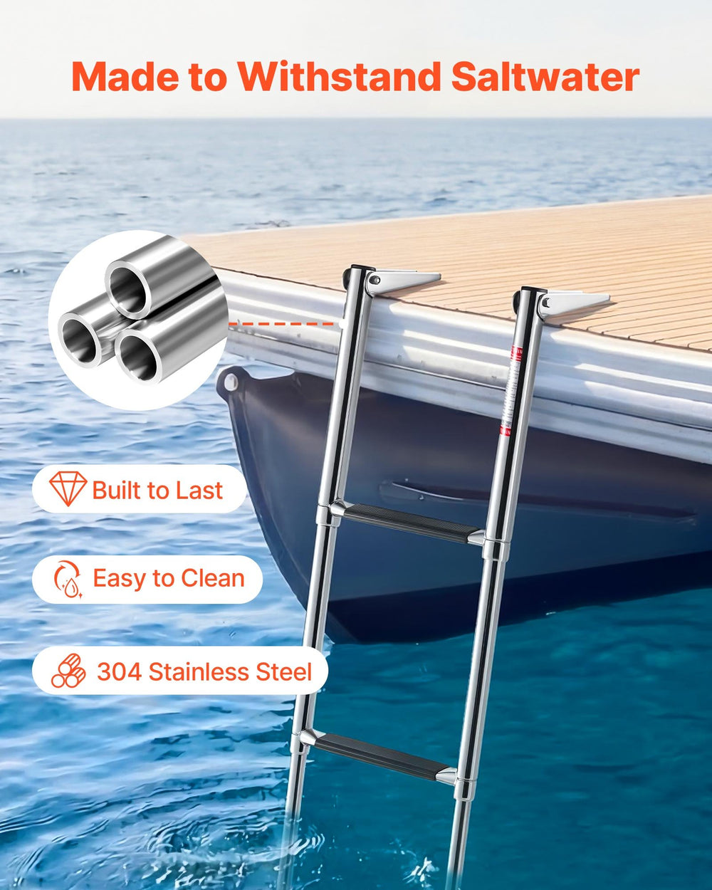 VEVOR Boat Ladder, 3 Steps, Stainless Steel Telescoping Folding Swim Deck Ladder for Rear Entry Inboard, Heavy Duty 272.16 kg Capacity with Wide Anti-Slip Steps, for Outboards, Yacht, Pontoon Boats