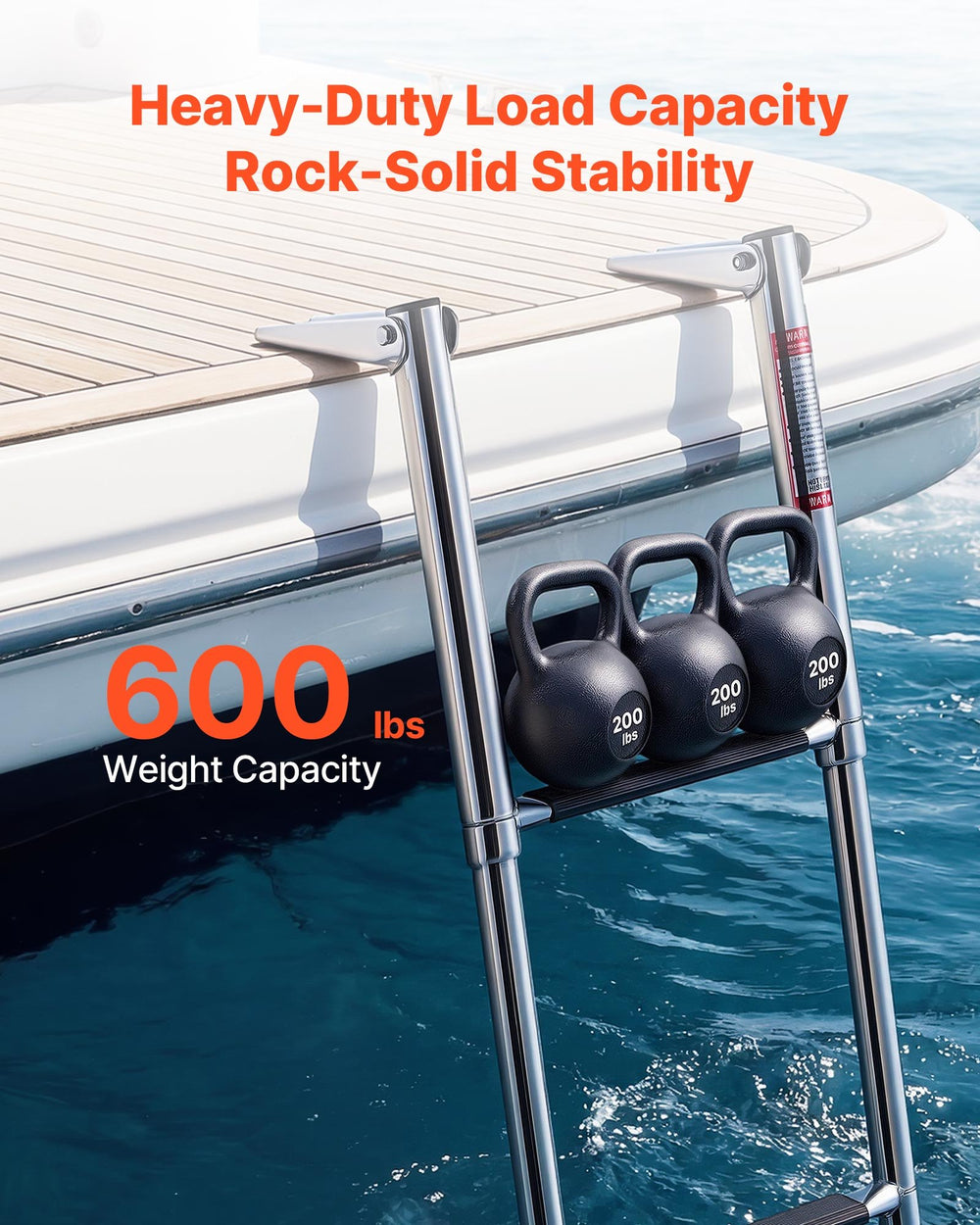VEVOR Boat Ladder, 3 Steps, Stainless Steel Telescoping Folding Swim Deck Ladder for Rear Entry Inboard, Heavy Duty 272.16 kg Capacity with Wide Anti-Slip Steps, for Outboards, Yacht, Pontoon Boats