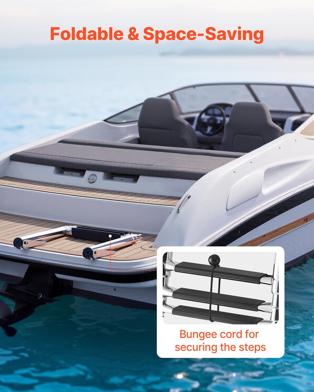 VEVOR Boat Ladder, 3 Steps, Stainless Steel Telescoping Folding Swim Deck Ladder for Rear Entry Inboard, Heavy Duty 272.16 kg Capacity with Wide Anti-Slip Steps, for Outboards, Yacht, Pontoon Boats