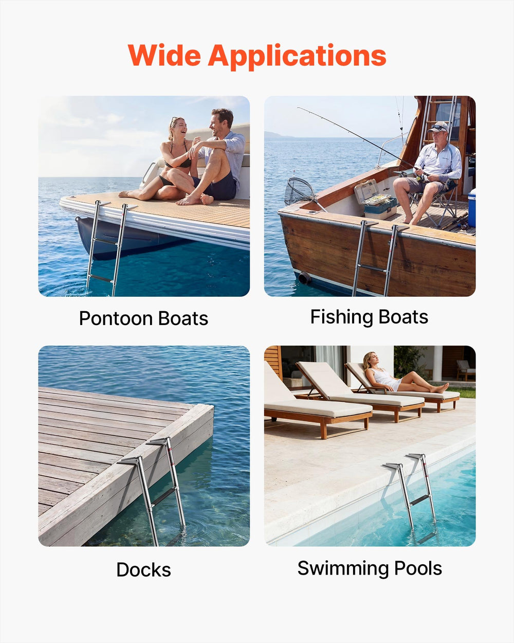 VEVOR Boat Ladder, 3 Steps, Stainless Steel Telescoping Folding Swim Deck Ladder for Rear Entry Inboard, Heavy Duty 272.16 kg Capacity with Wide Anti-Slip Steps, for Outboards, Yacht, Pontoon Boats
