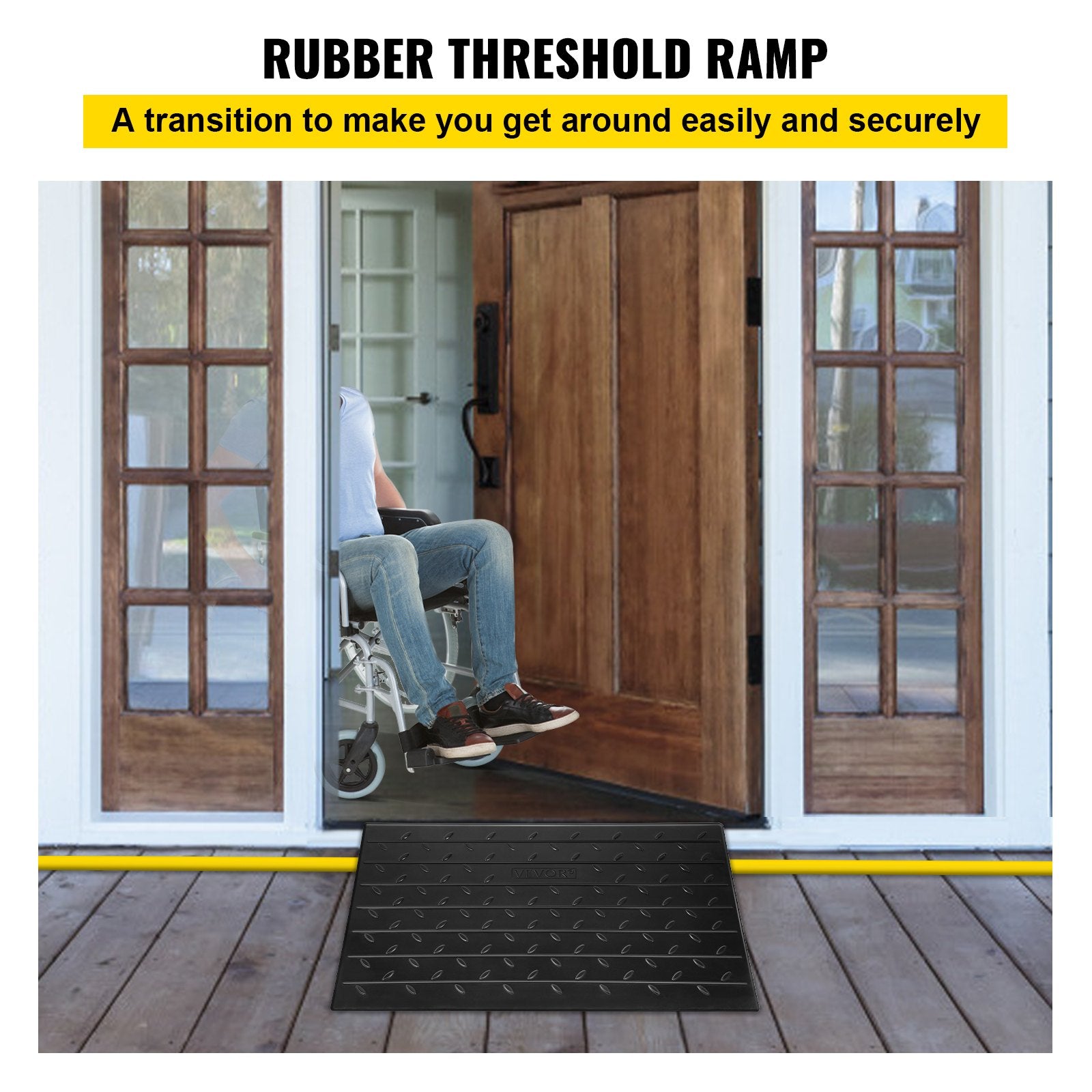 VEVOR Rubber Threshold Ramp, 3" Rise Threshold Ramp Doorway, 3 Channels Cord Cover Rubber Solid Threshold Ramp, Rubber Angled Entry Rated 2200 Lbs Load Capacity for Wheelchair and Scooter