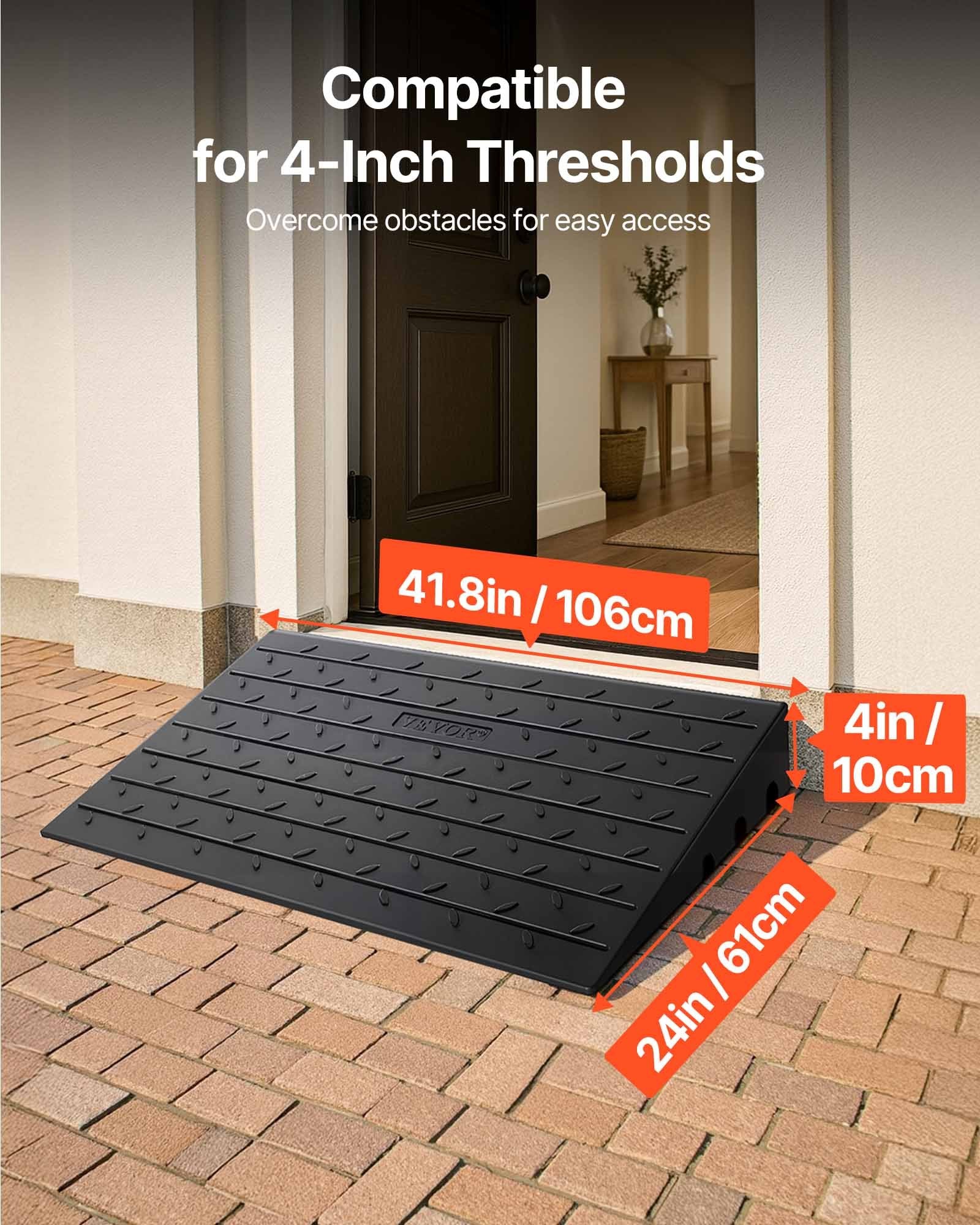 VEVOR Rubber Threshold Ramp, 4" Rise Threshold Ramp Doorway, 3 Channels Cord Cover Rubber Solid Threshold Ramp, Rubber Angled Entry Rated 2200 Lbs Load Capacity for Wheelchair and Scooter