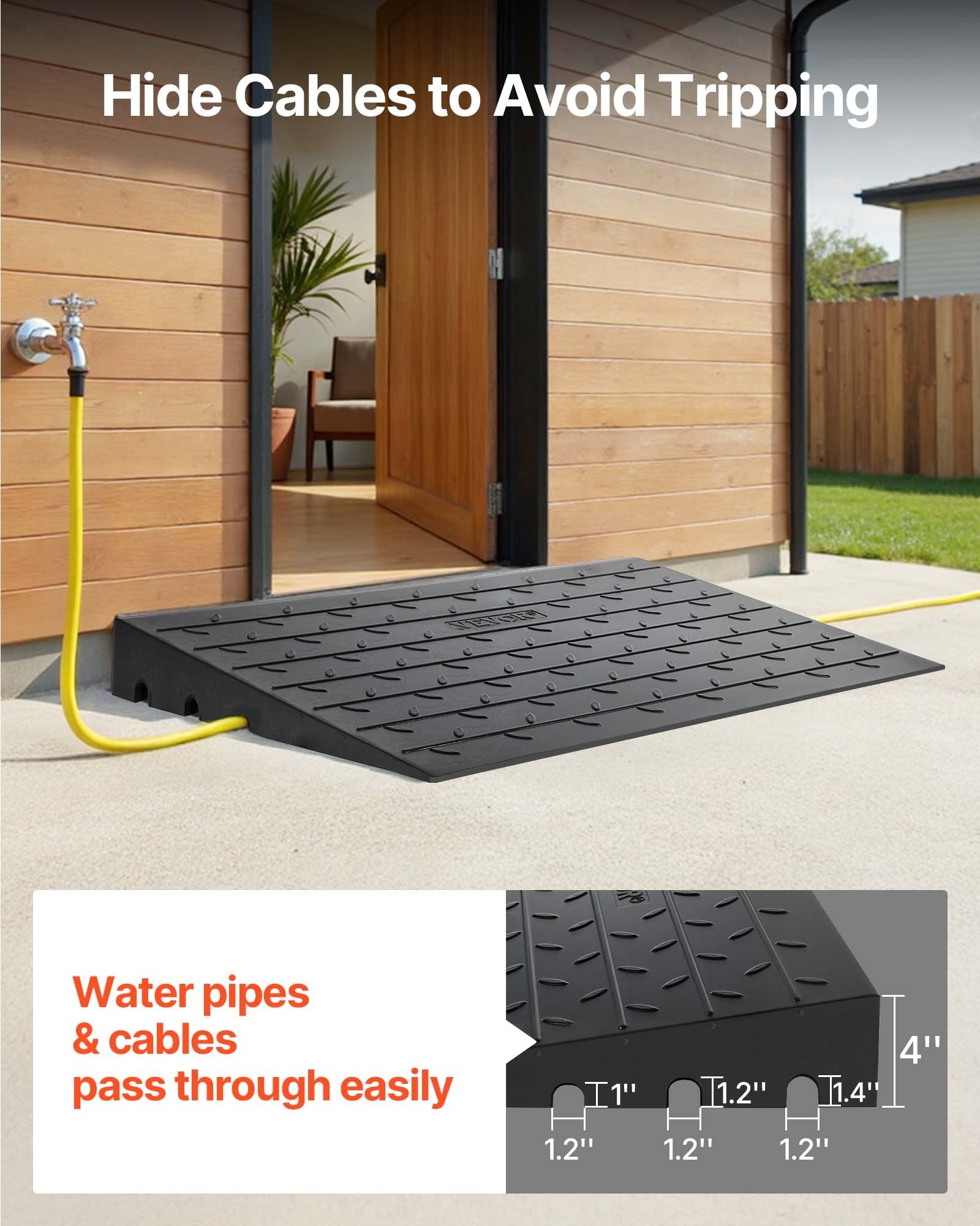 VEVOR Rubber Threshold Ramp, 4" Rise Threshold Ramp Doorway, 3 Channels Cord Cover Rubber Solid Threshold Ramp, Rubber Angled Entry Rated 2200 Lbs Load Capacity for Wheelchair and Scooter