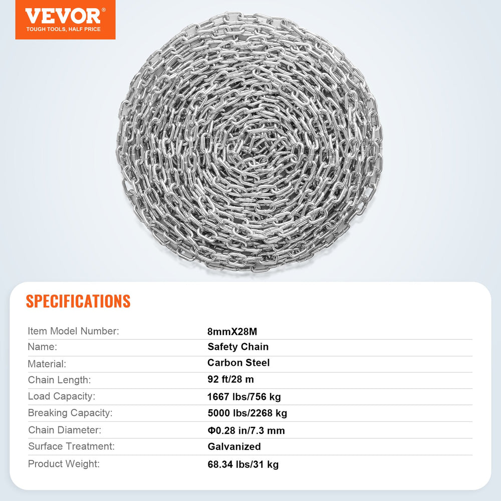 VEVOR Proof Coil Chain, 5/16" x 92', 1667 lbs Safe Working Load, Zinc Plated Proof Tested Coil Chain with Two Quick Links, Galvanized Carbon Steel Link Chain for Towing, Hanging, Camping, Pet Towing