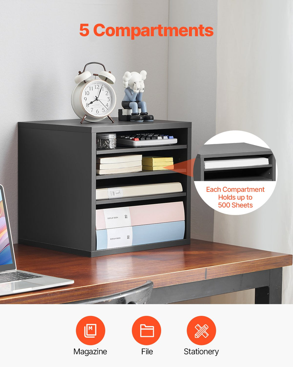 VEVOR Literature Organizer, 5 Compartments Office Mailbox with Adjustable Shelves, Wooden Mailbox Sorter Medium Density Fiberboard Office Home Classroom Storage for Files, Documents, Papers, Grey