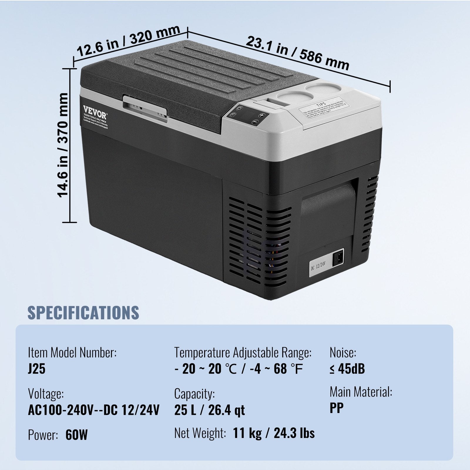 VEVOR Portable Car Refrigerator, 12 Volt Car Refrigerator Fridge, 25 L / 26.4 QT Single Zone Portable Freezer, -4℉-68℉ Adjustable Temperature, Compressor Cooler for Home, Outdoor, Camping, RV, Car