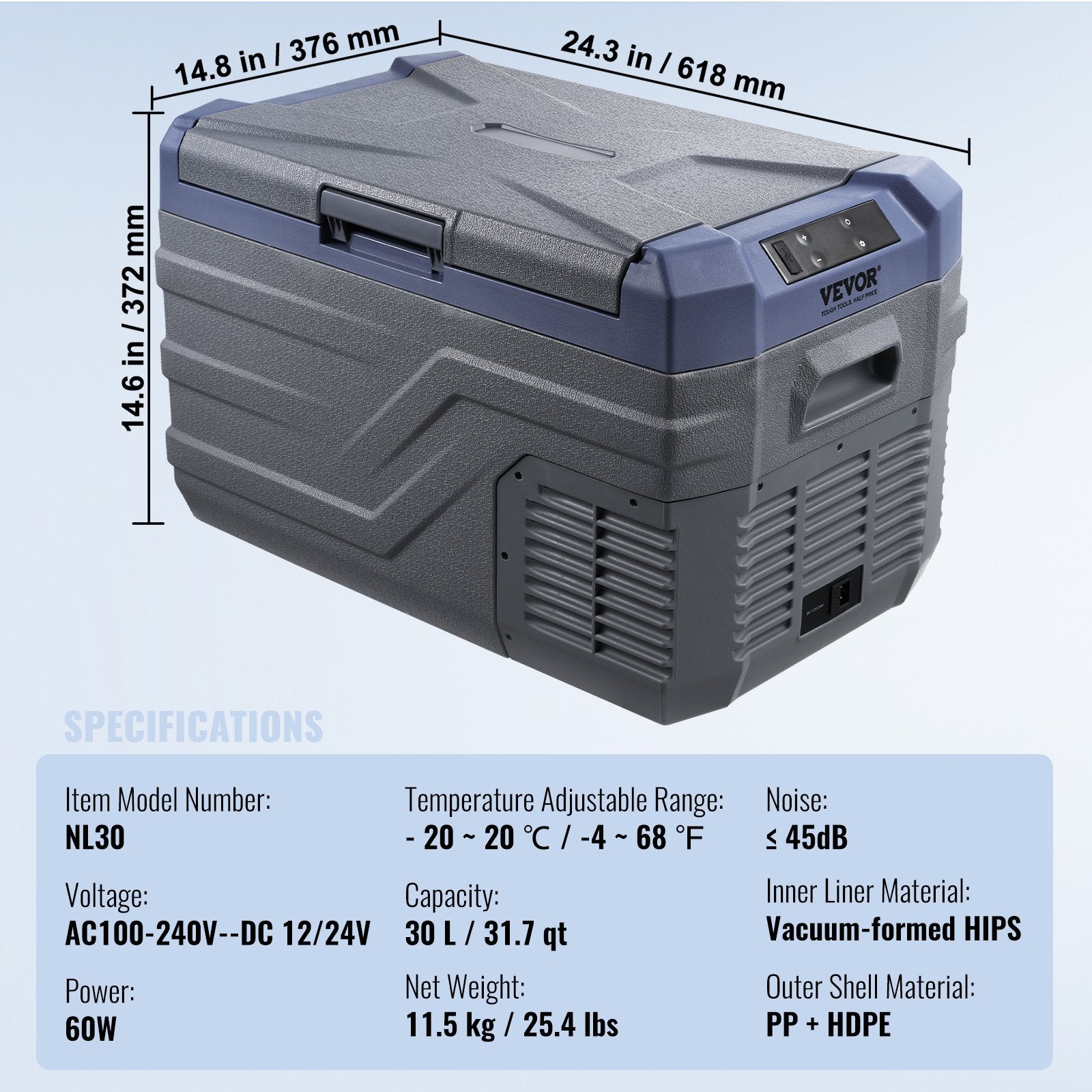 VEVOR Car Refrigerator, 12 Volt Car Refrigerator Fridge, 30 L Single Zone Portable Freezer with Built-in Light, -4℉-68℉, 12/24V DC and 100-240V AC Compressor Cooler for Outdoor, Camping, RV