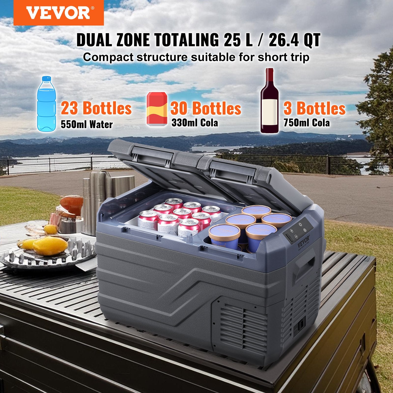 VEVOR Car Refrigerator, 12 Volt Car Refrigerator Fridge, 25 L Dual Zone Portable Freezer, -4℉-68℉ Adjustable Range, 12/24V DC and 100-240V AC Compressor Cooler for Outdoor, Camping, RV