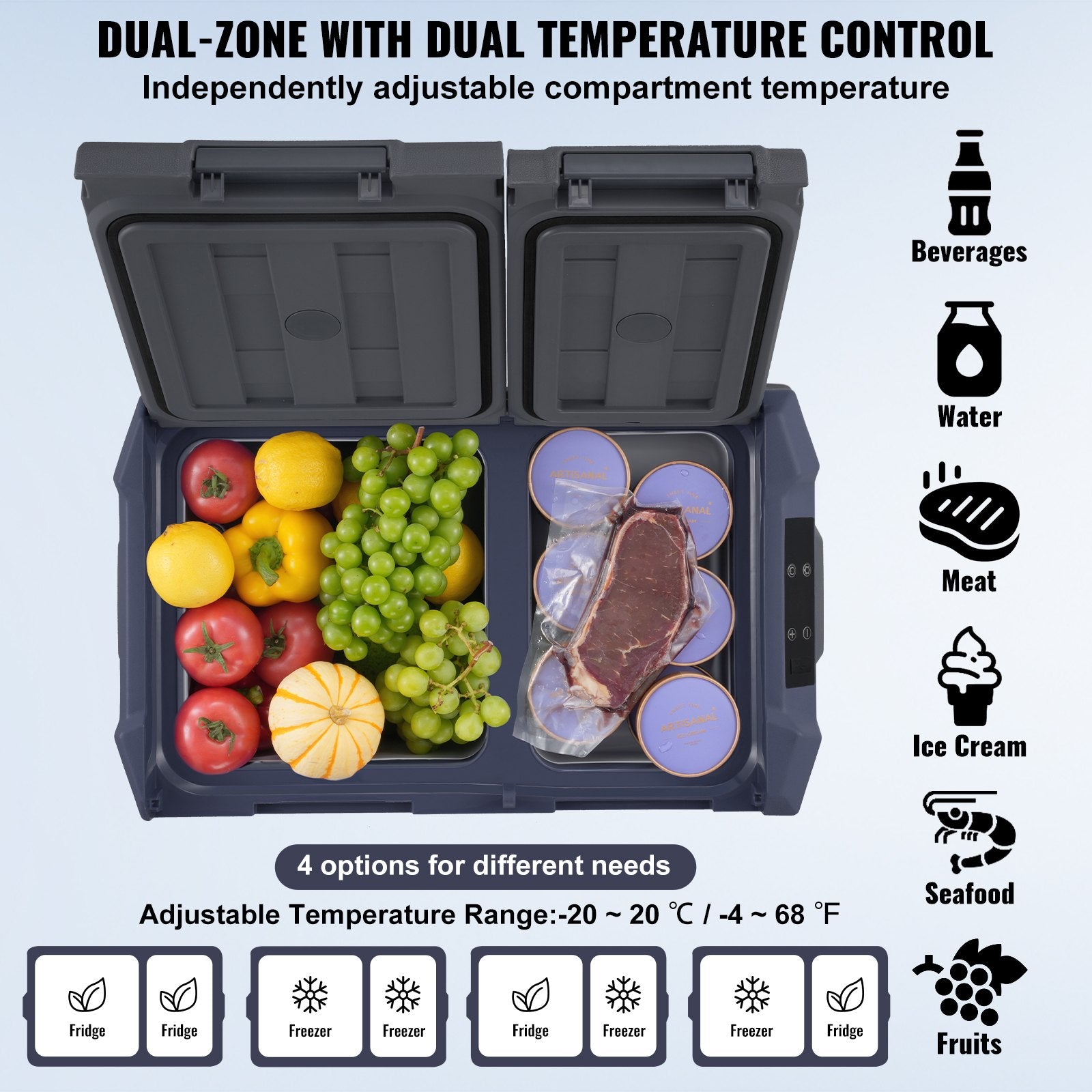 VEVOR Car Refrigerator, 12 Volt Car Refrigerator Fridge, 25 L Dual Zone Portable Freezer, -4℉-68℉ Adjustable Range, 12/24V DC and 100-240V AC Compressor Cooler for Outdoor, Camping, RV
