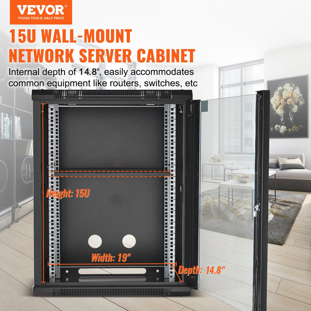 VEVOR 15U Wall Mount Network Server Rack Cabinet Enclosure 45.7cm Depth Glass Door Lock