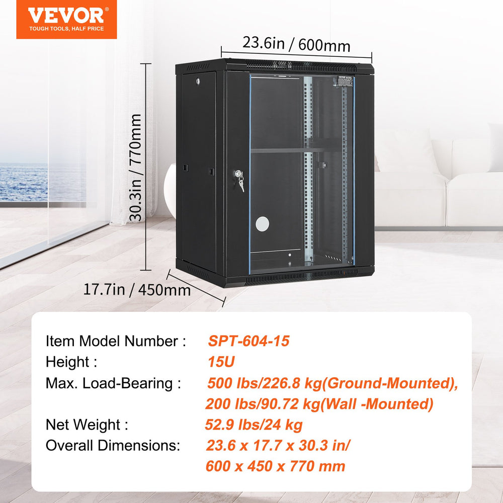 VEVOR 15U Wall Mount Network Server Rack Cabinet Enclosure 45.7cm Depth Glass Door Lock