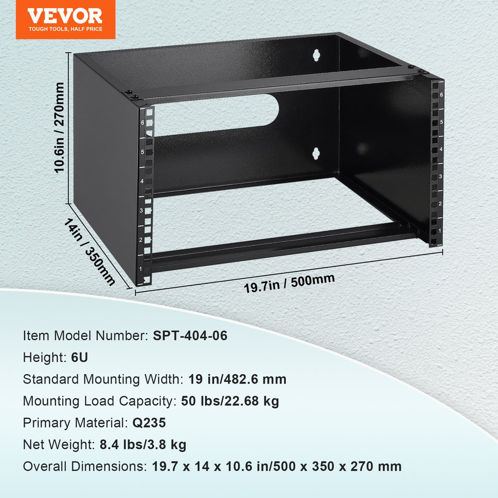VEVOR 6U Wall Mount Network Rack 14 in/355.6 mm Depth Server Rack 50lbs/22.68kg 500x350x270mm
