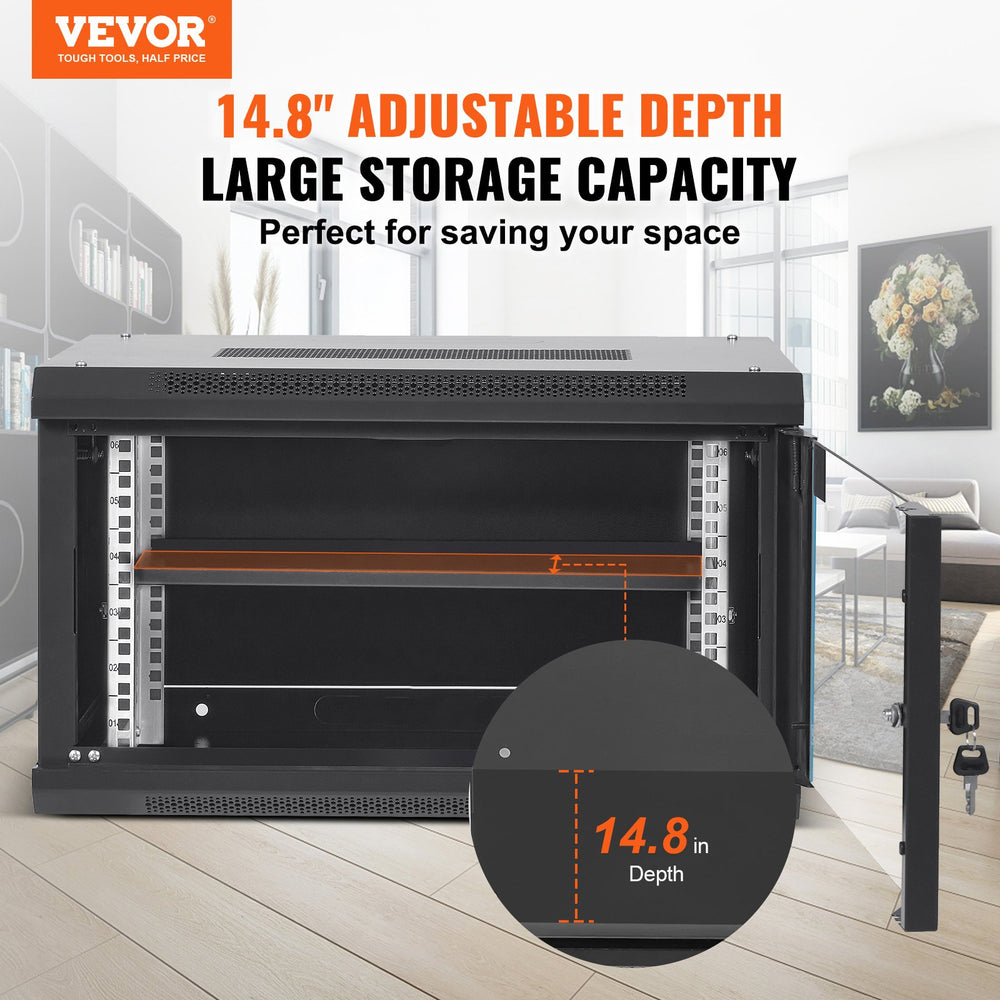 VEVOR 6U Wall Mount Network Server Cabinet, 37.6 cm Deep, Server Rack Cabinet Enclosure, 90.7 kg Max. Ground-mounted Load Capacity, with Locking Glass Door Side Panels, for IT Equipment, A/V Devices