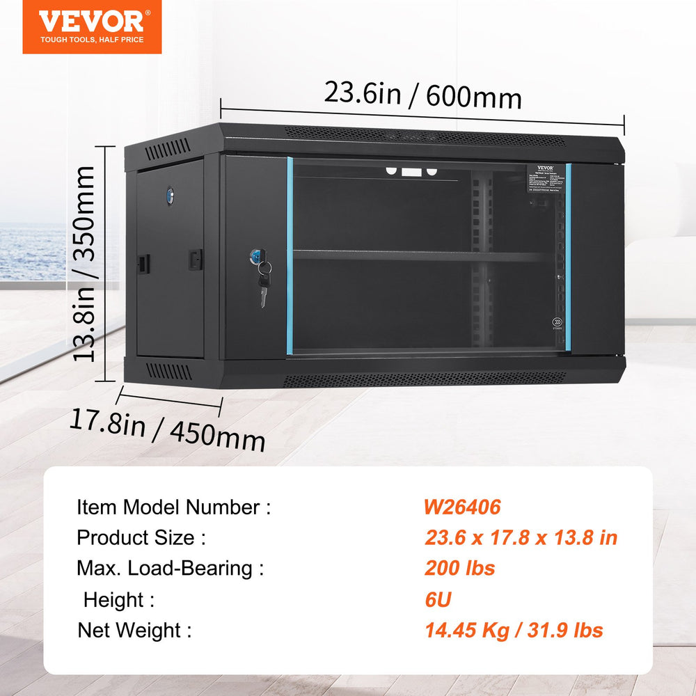VEVOR 6U Wall Mount Network Server Cabinet, 37.6 cm Deep, Server Rack Cabinet Enclosure, 90.7 kg Max. Ground-mounted Load Capacity, with Locking Glass Door Side Panels, for IT Equipment, A/V Devices