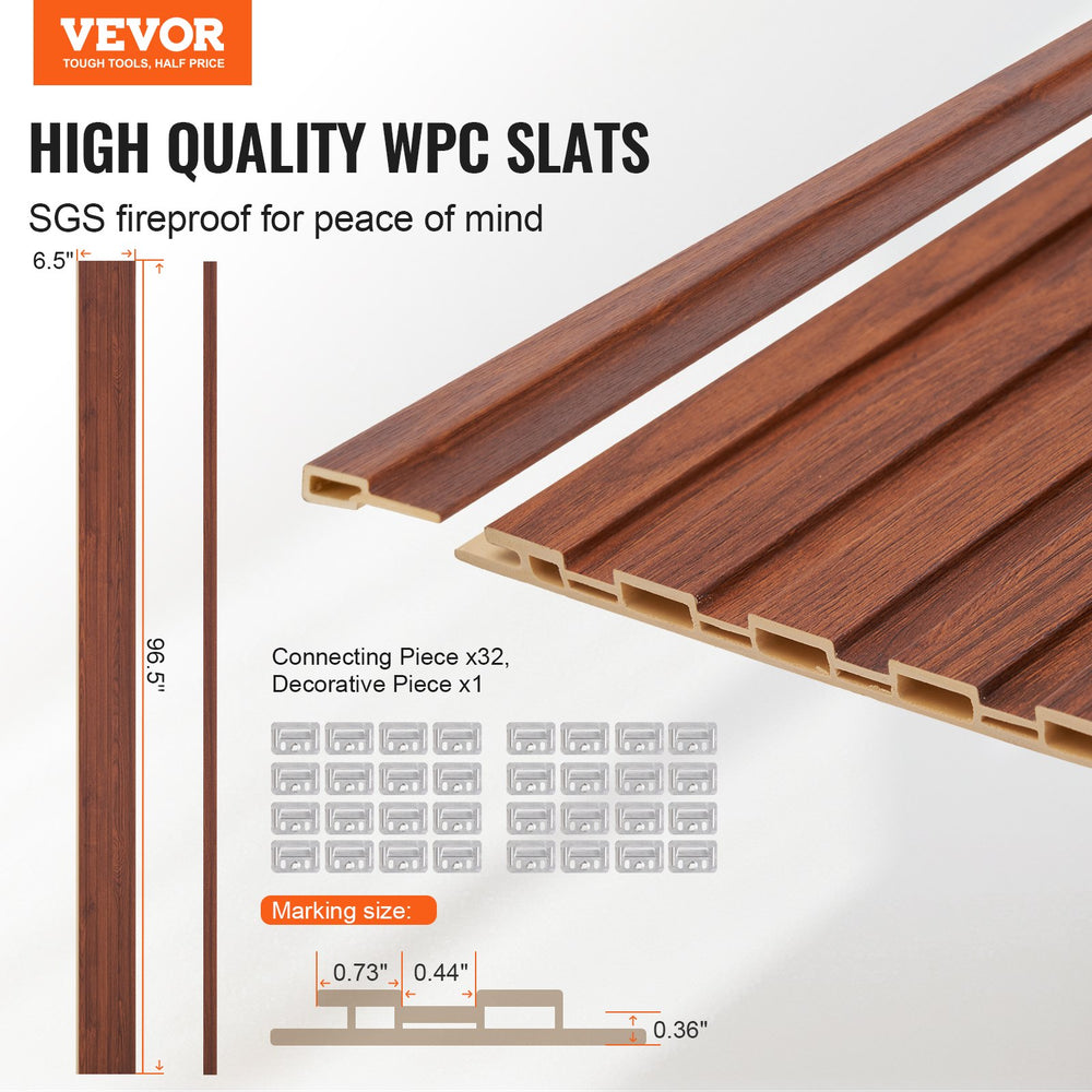 VEVOR Wood Slat Acoustic Panels, 8 PCS 96 x 6 inch, WPC Accent Wooden Wall Panels for Modern Interior Wall, Faux Wood Wall Board Panels for Stylish Decor and Noise Reduction, Black Walnut
