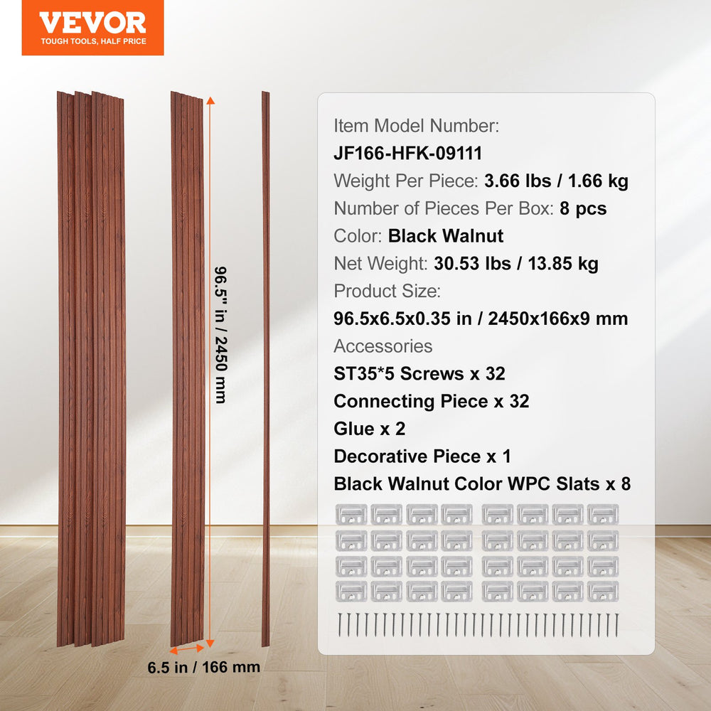 VEVOR Wood Slat Acoustic Panels, 8 PCS 96 x 6 inch, WPC Accent Wooden Wall Panels for Modern Interior Wall, Faux Wood Wall Board Panels for Stylish Decor and Noise Reduction, Black Walnut