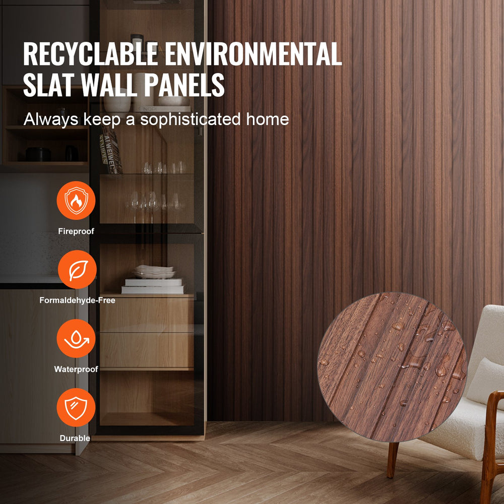 VEVOR Wood Slat Acoustic Panels, 8 PCS 96 x 6 inch, WPC Accent Wooden Wall Panels for Modern Interior Wall, Faux Wood Wall Board Panels for Stylish Decor and Noise Reduction, Dark Teak