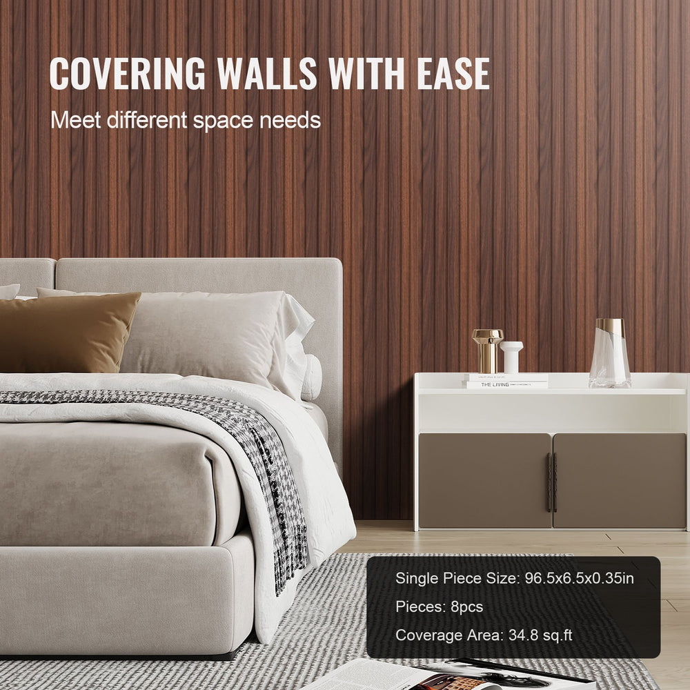 VEVOR Wood Slat Acoustic Panels, 8 PCS 96 x 6 inch, WPC Accent Wooden Wall Panels for Modern Interior Wall, Faux Wood Wall Board Panels for Stylish Decor and Noise Reduction, Dark Teak