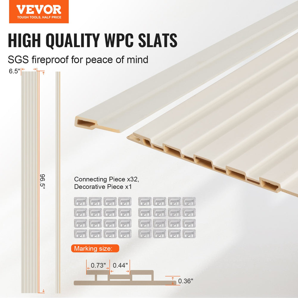 VEVOR Wood Slat Acoustic Panels, 8 PCS 96 x 6 inch, WPC Accent Wooden Wall Panels for Modern Interior Wall, Faux Wood Wall Board Panels for Stylish Decor and Noise Reduction, Matte White